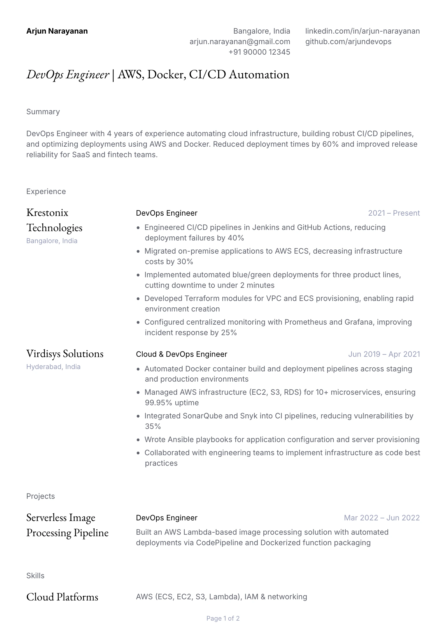 Mid DevOps Engineer Resume Example