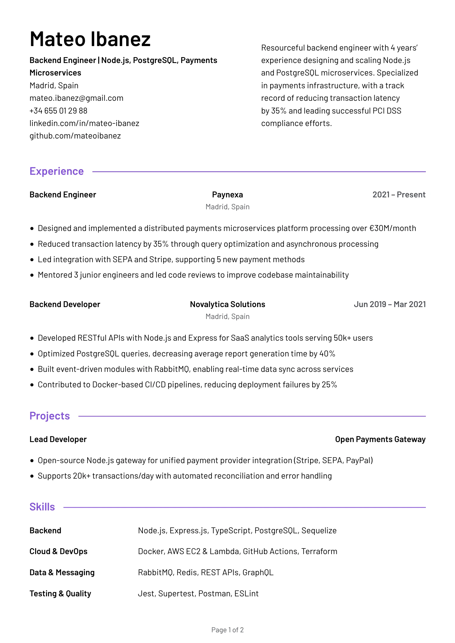 Mid Backend Engineer Resume Example