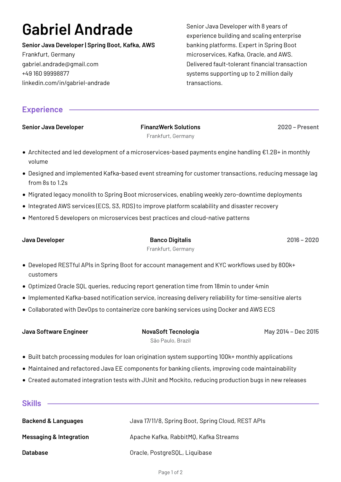 Senior Java Developer Resume Example