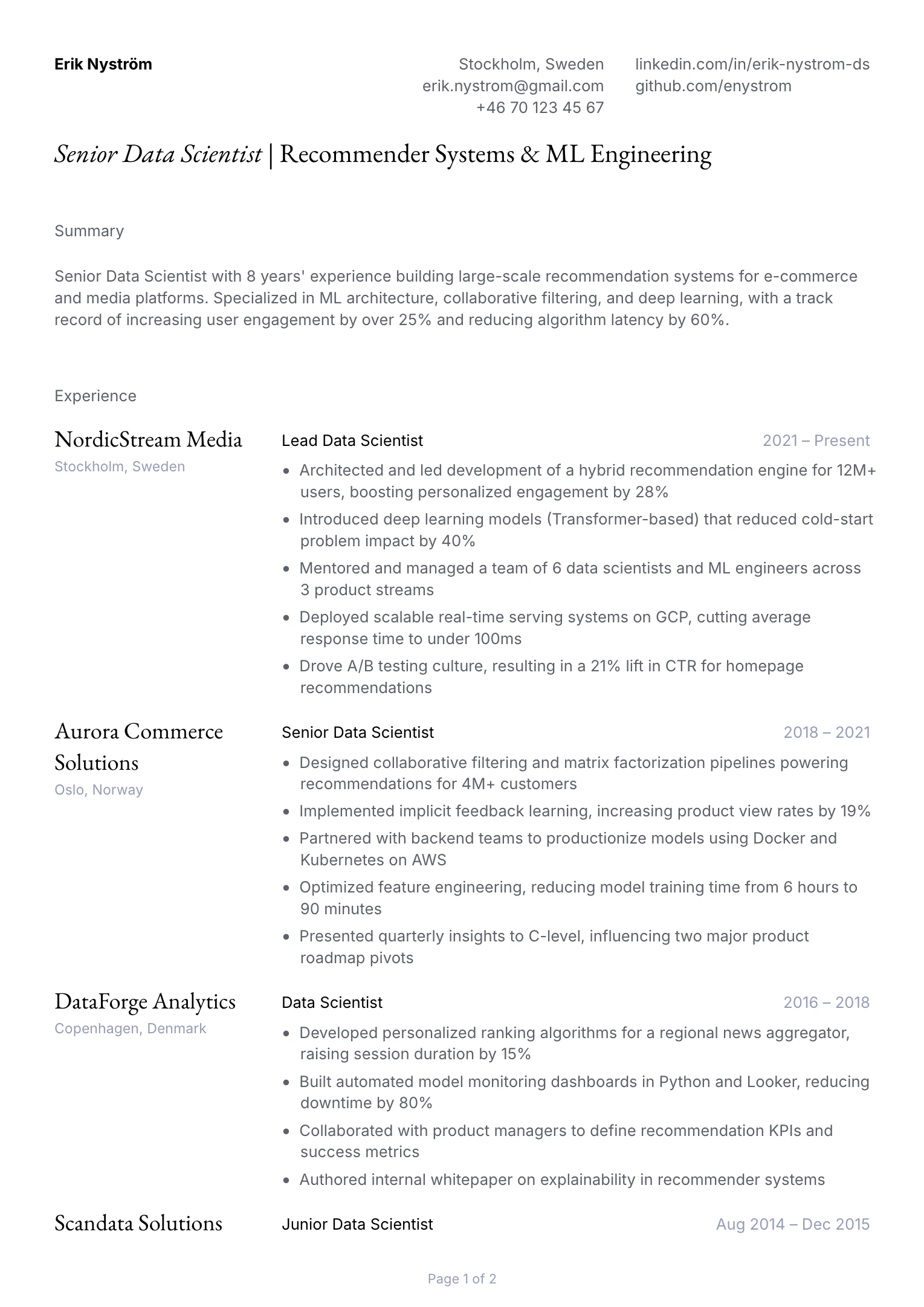 Senior Data Scientist Resume Example