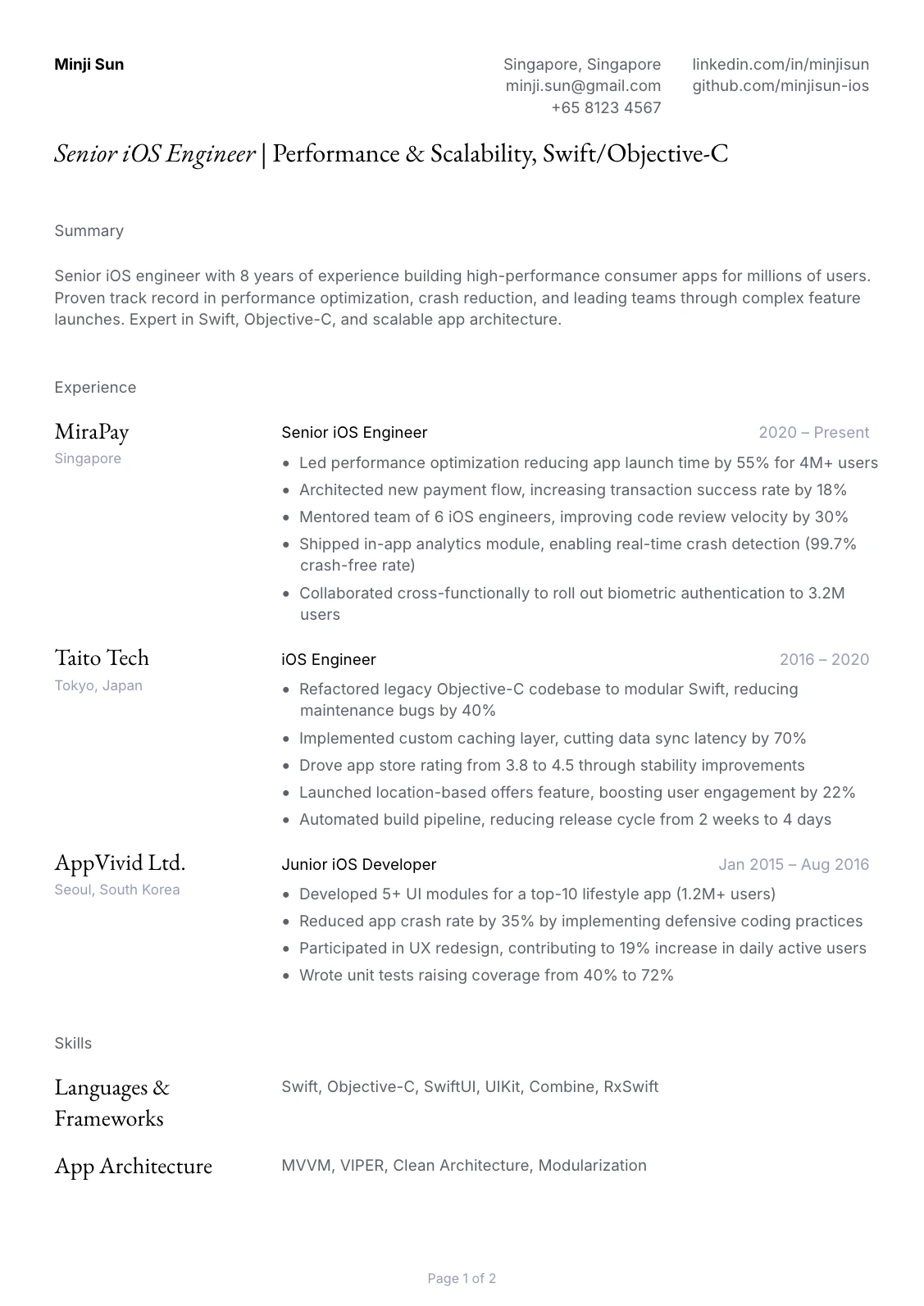 Senior iOS Engineer Resume Example