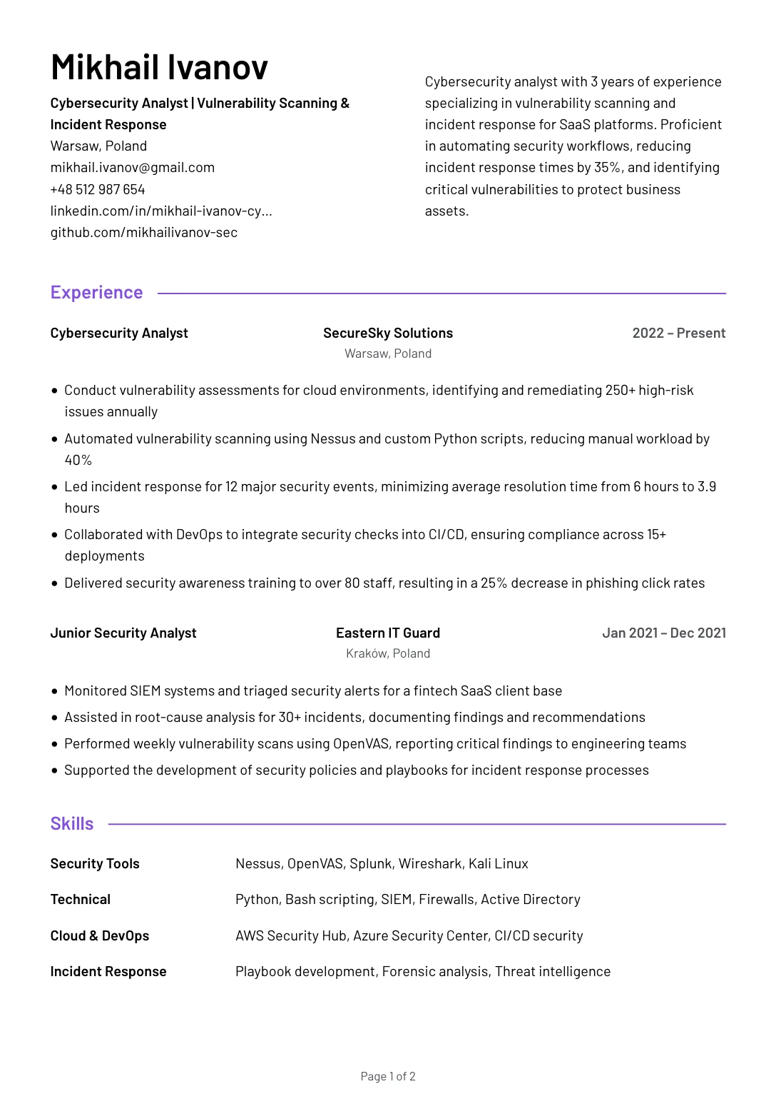 Mid Cybersecurity Analyst Resume Example