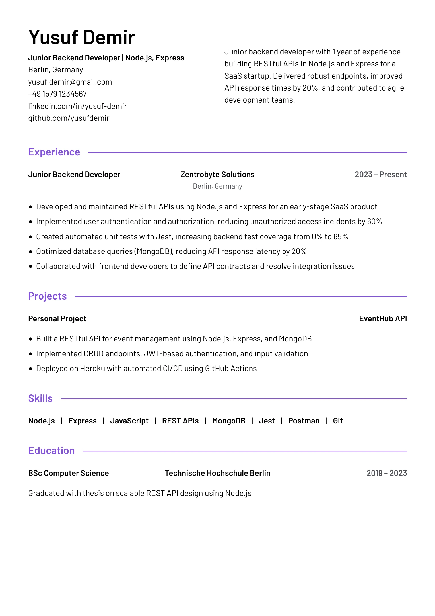 Junior Backend Developer Resume Example
