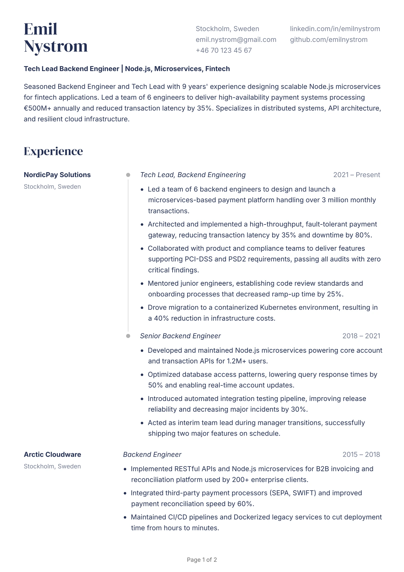 Lead Backend Engineer Resume Example