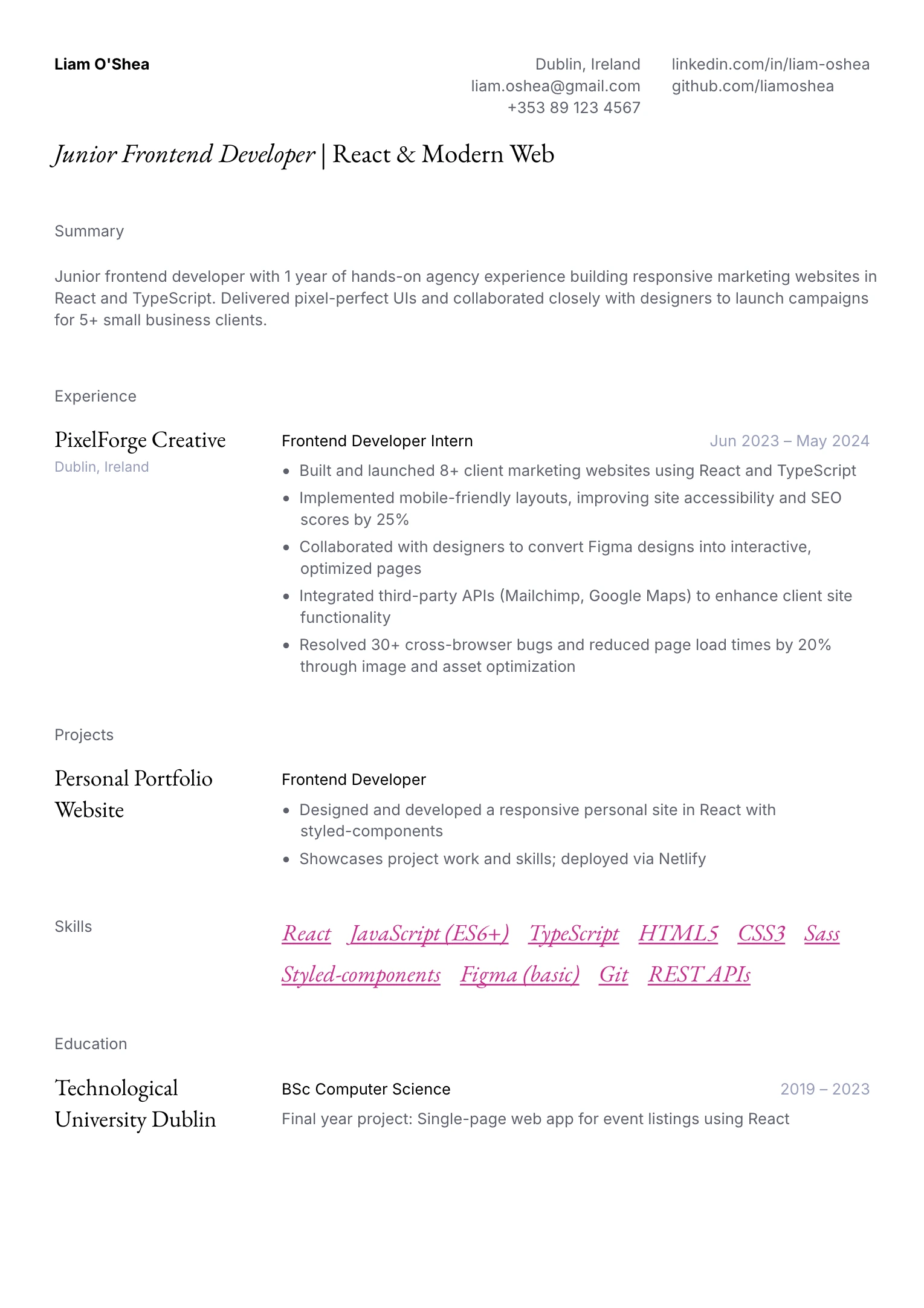 Junior Frontend Developer Resume Example