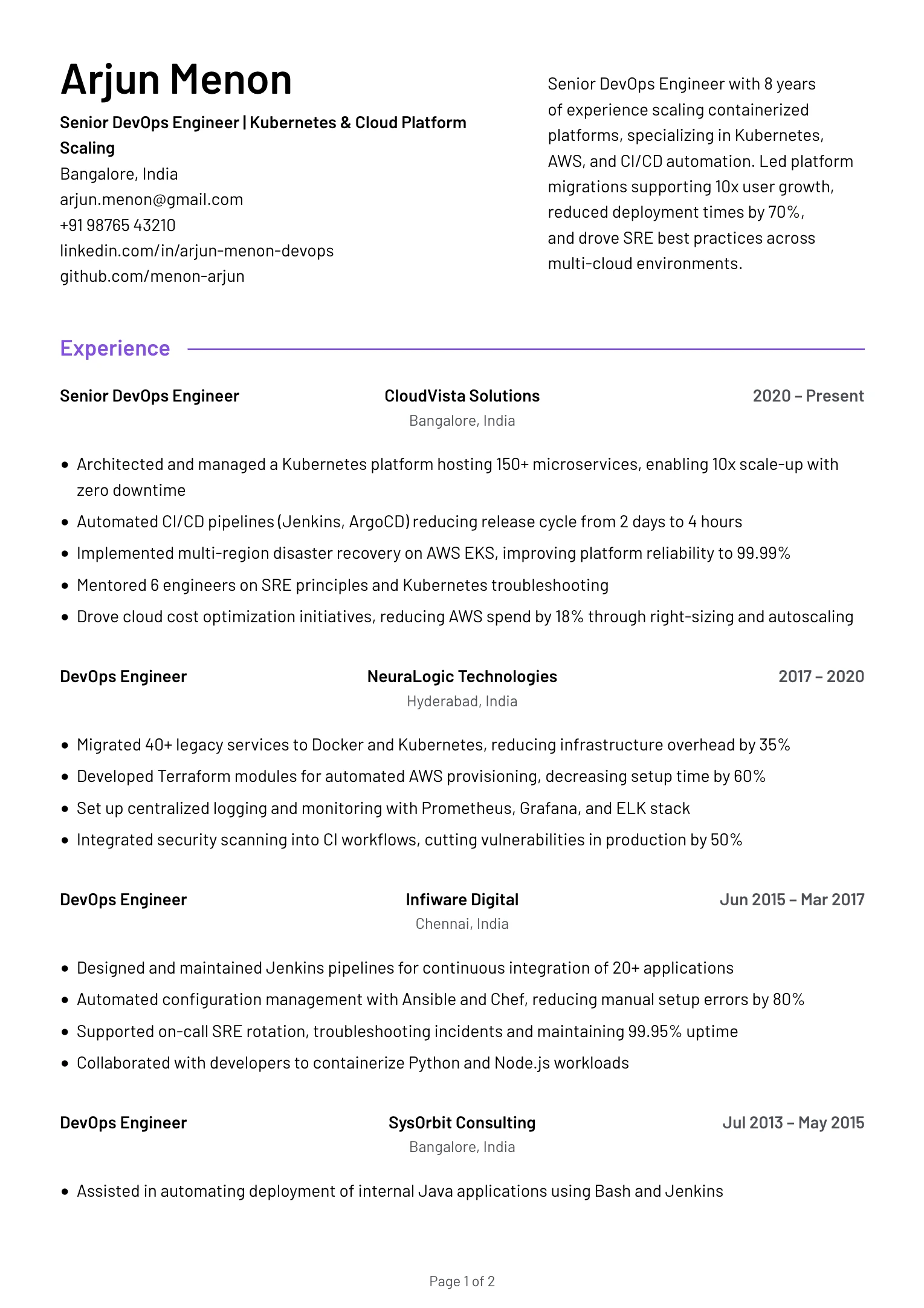 Senior DevOps Engineer Resume Example