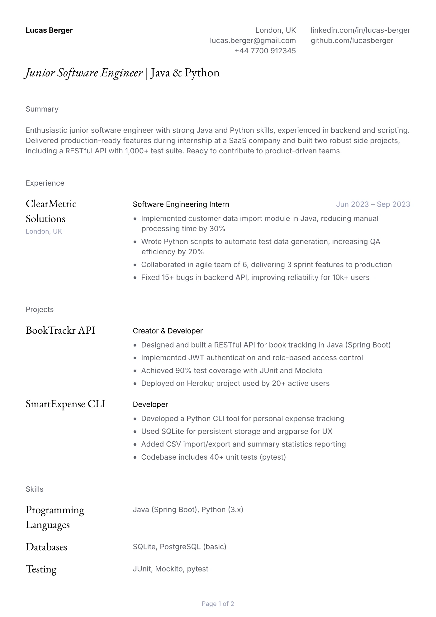 Junior Software Engineer Resume Example