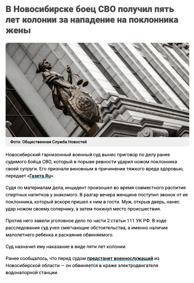 В Новосибирске боец СВО получил пять лет колонии за нападение на поклонника жены