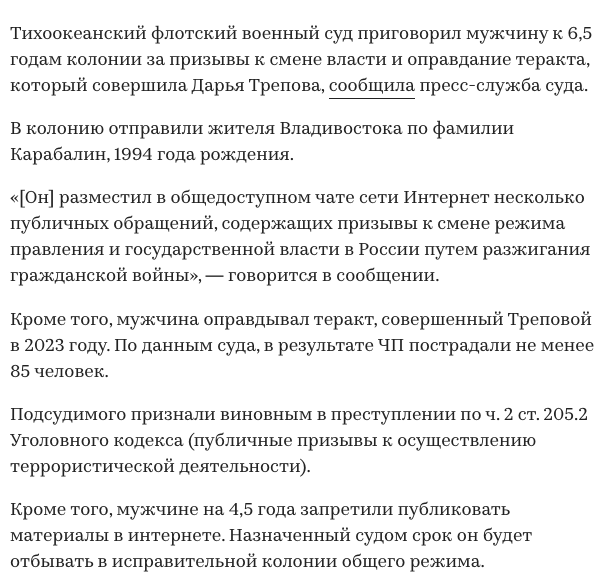 Жителя Владивостока приговорили к 6,5 годам за призывы к смене власти