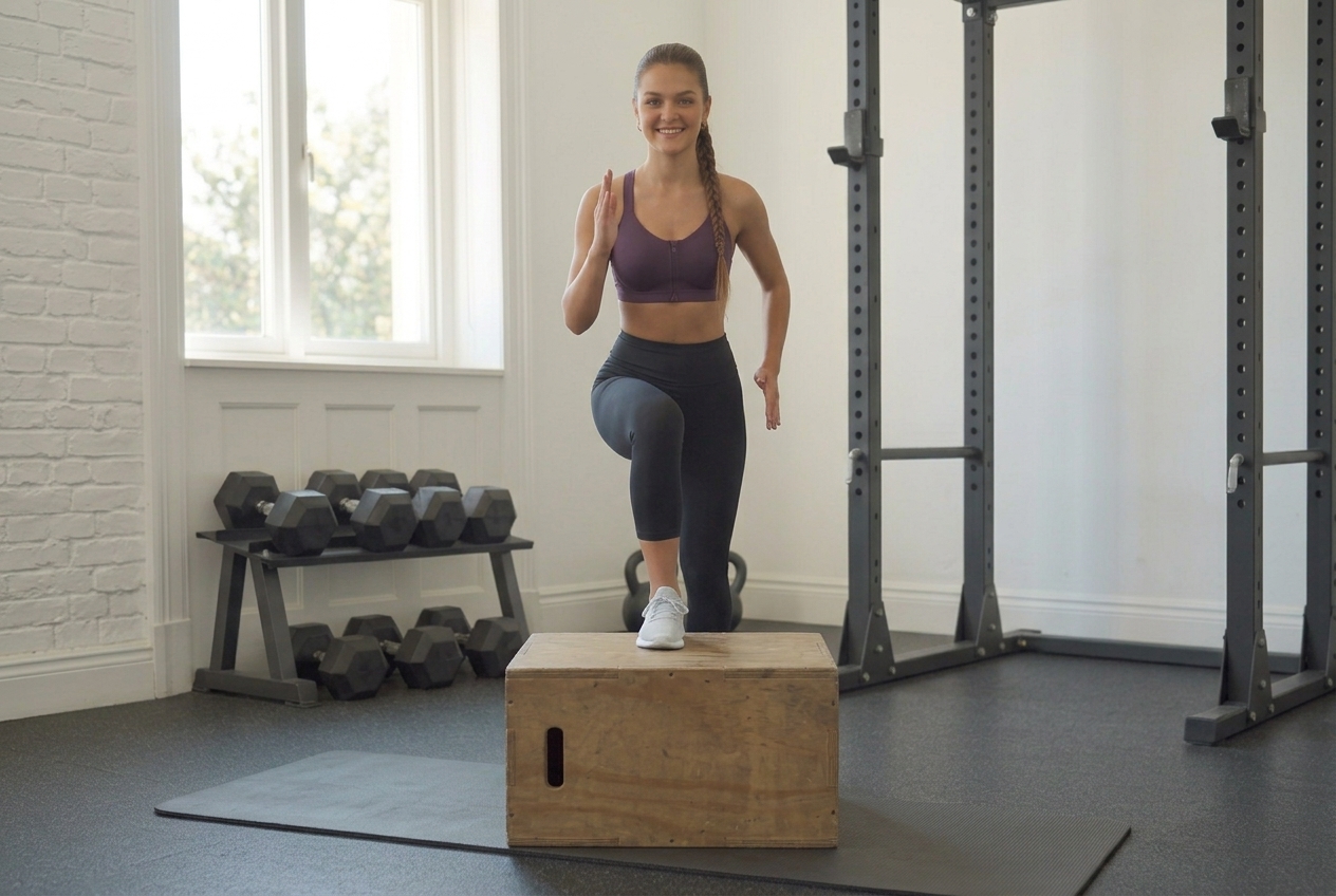 Runner performing a single-leg step-up with knee drive onto a box