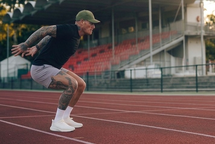 Runner mid-air during a bounding jump, exploding forward off both feet