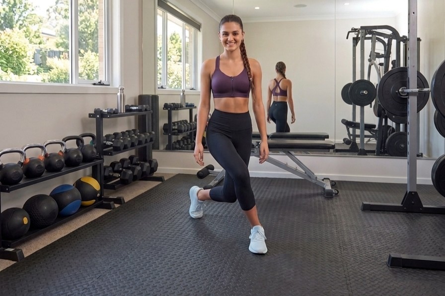 Runner performing a curtsy reach, tapping one foot diagonally behind the standing leg