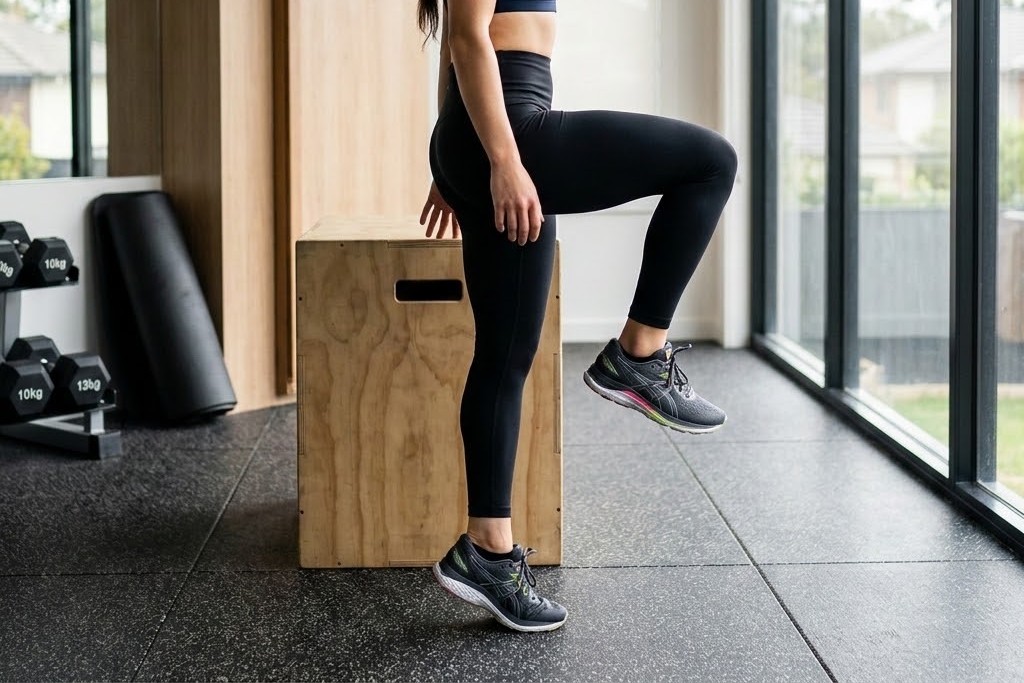 Runner performing a single-leg heel raise, balancing on the ball of one foot