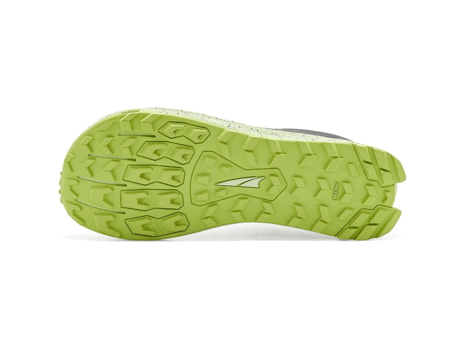 Outsole view of the Altra Lone Peak 9, a true trail shoe with full rubber and aggressive lugs