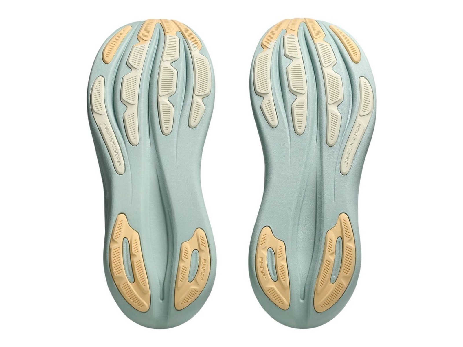 Outsole view of the ASICS GEL-Nimbus 28, a road shoe with rubber in the high-wear areas