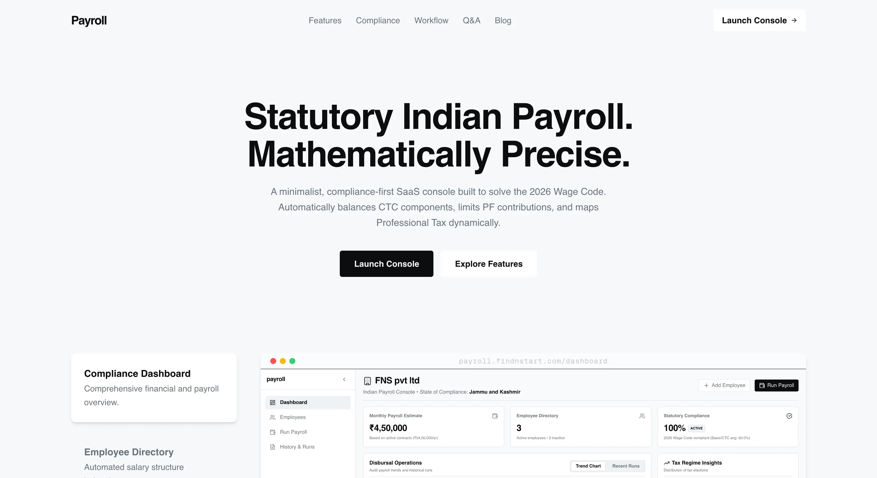 payroll statutory Indian payroll console and compliance engine featuring 2026 Wage Code calculations and slab preview.