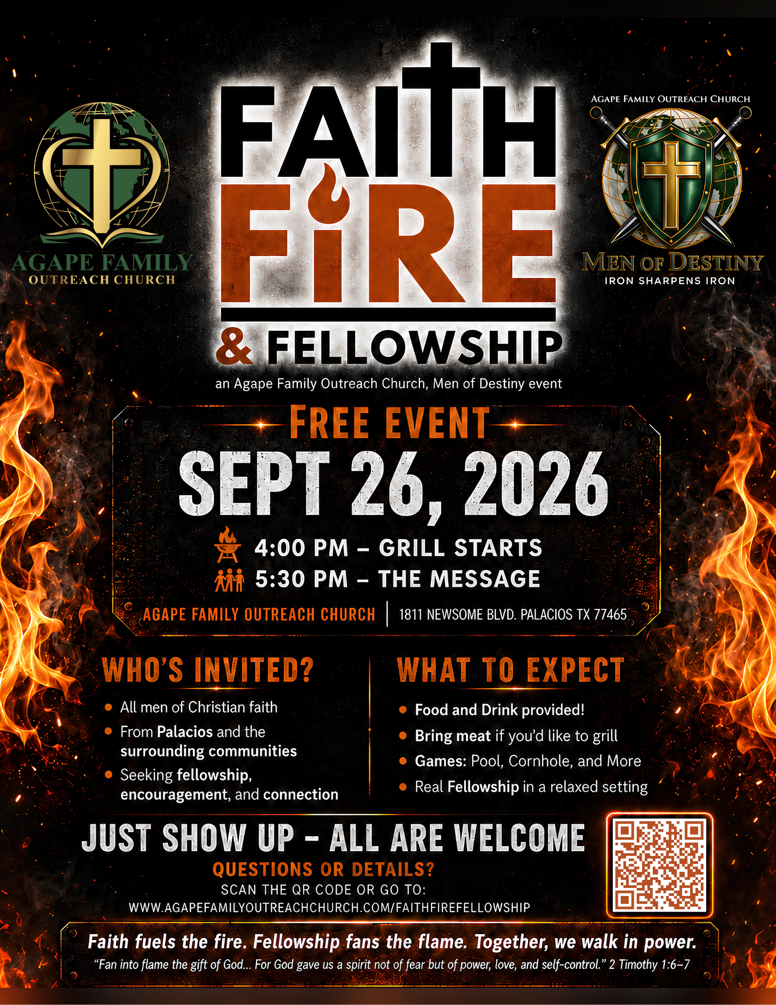 Faith, Fire, Fellowship Quarterly Men's Event event flyer