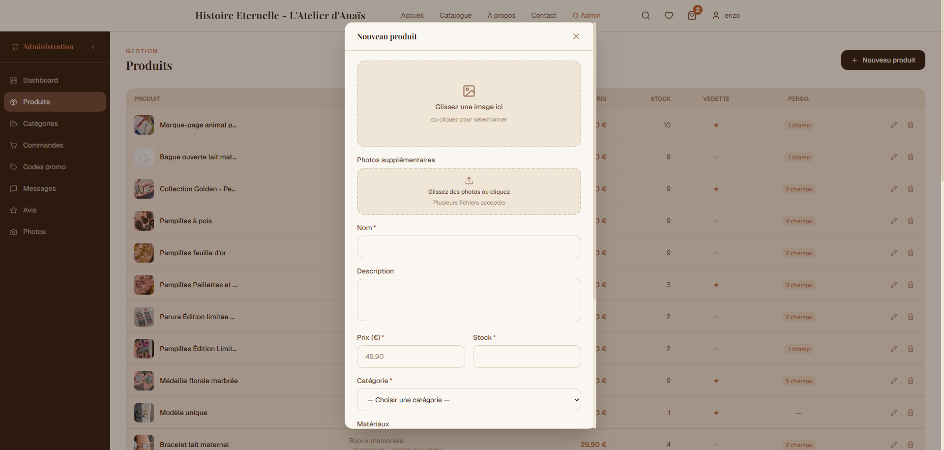 Gestion des produits panel admin boutique en ligne BreizhApp
