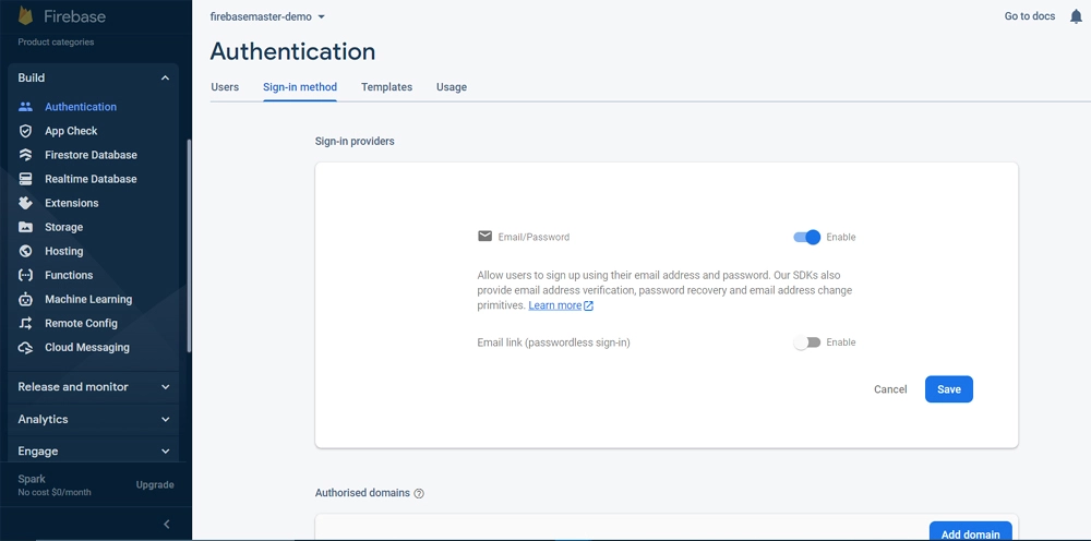 Email/Password tab in Firebase Auth