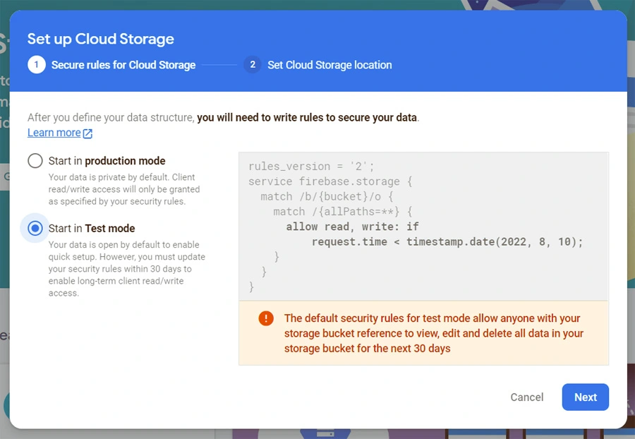 Firebase storage setup