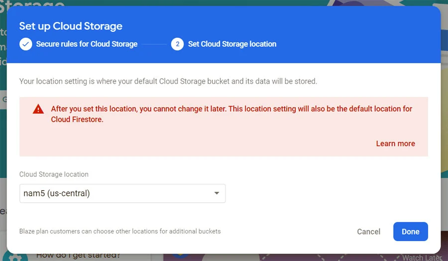 Location selection in firebase storage