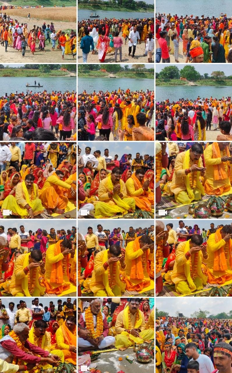 गुठनी में निकली भव्य कलश शोभायात्रा।