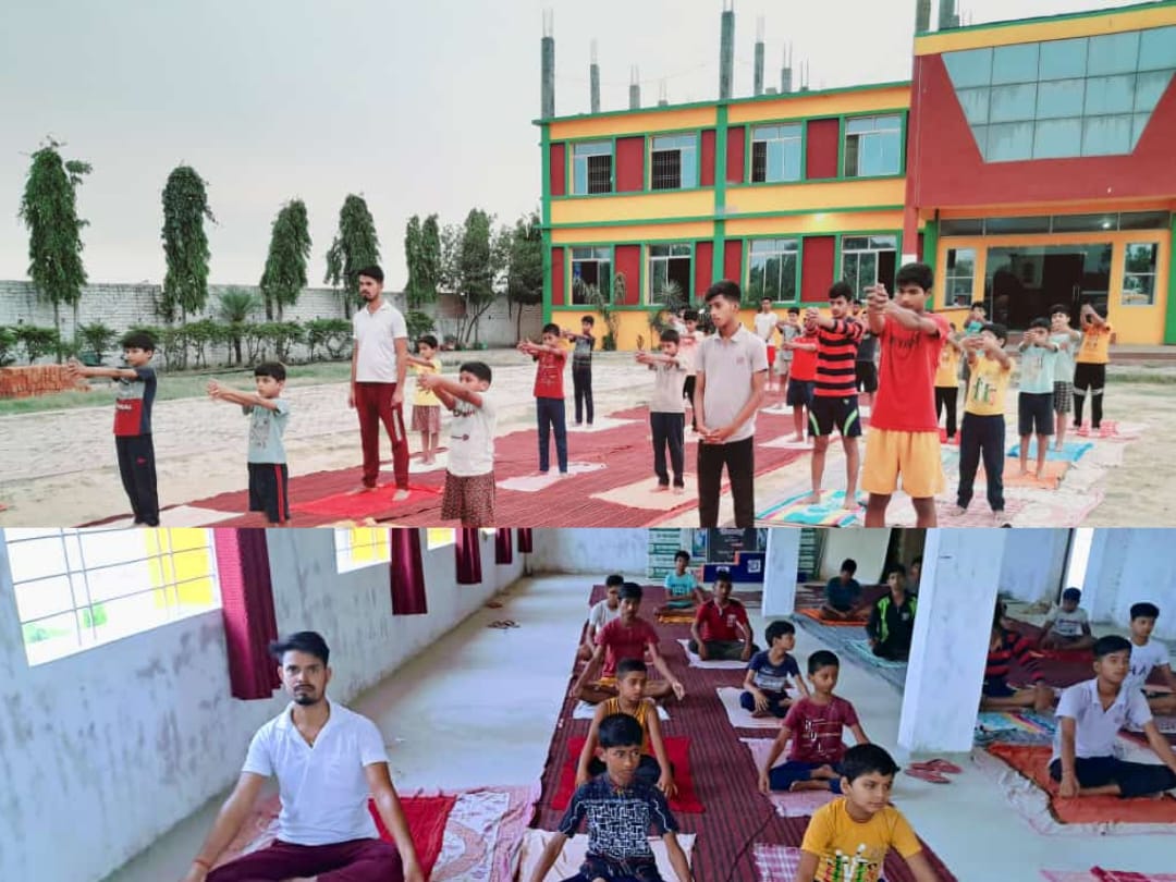 योगा दिवस के मौके पर बच्चों को दी गयी योगशिक्षा।