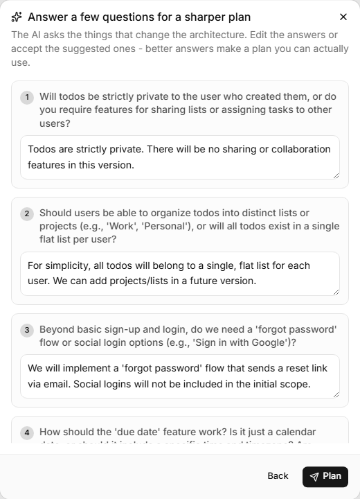 The clarifying questions - each with a concrete suggested answer you can accept or edit