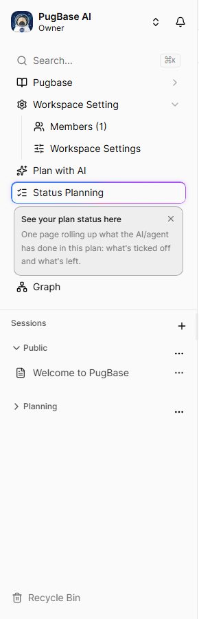 The left sidebar - Plan with AI, plus the Planning session with its folders once a plan exists