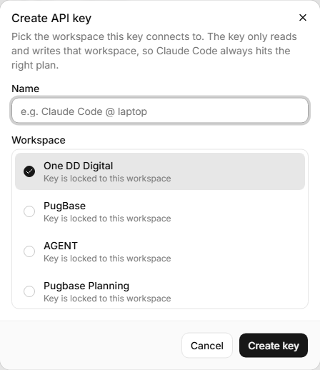 Create API key - name it and pick the workspace it's locked to