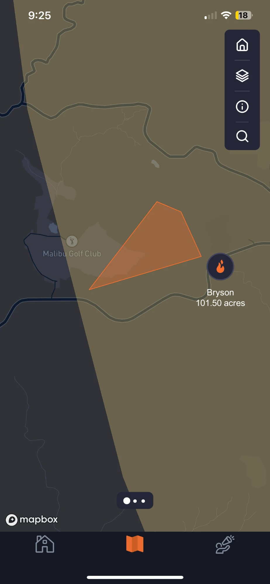 Another wildfire-defense company's app at 9:25 p.m. on Oct. 15, 2026: the Bryson Fire labeled 101.50 acres, drawn as a four-cornered shape with straight sides.