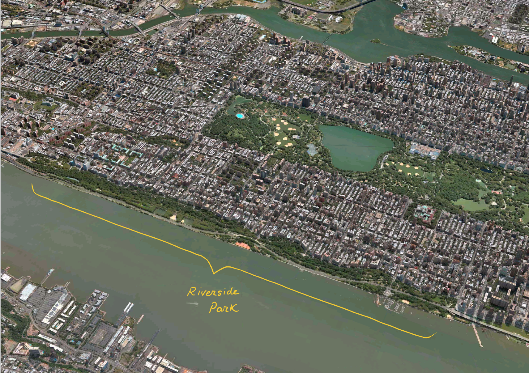 A digitally rendered aerial view of Riverside Park in upper Manhattan.