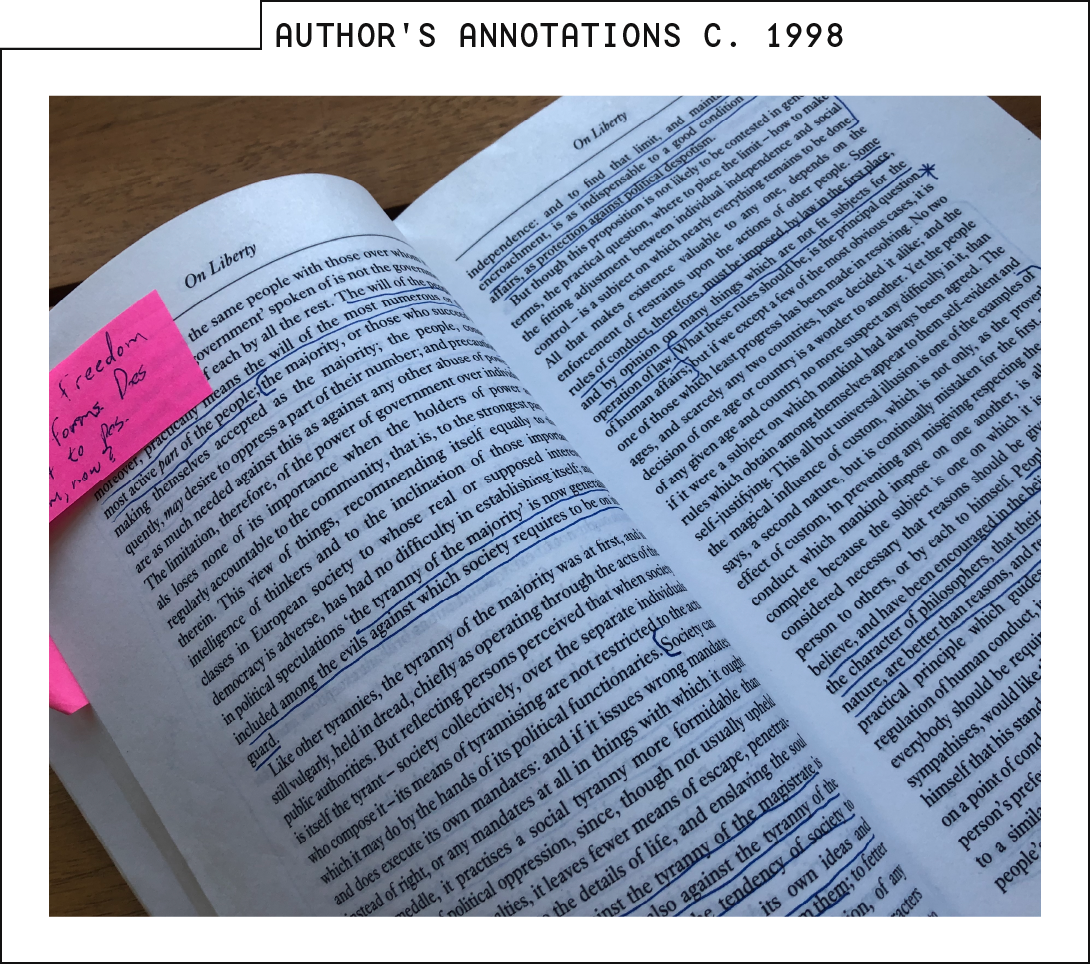Photo of the author's copy of On Liberty, showing underlining, notes in the margins, and some extremely old sticky notes with additional annotations.