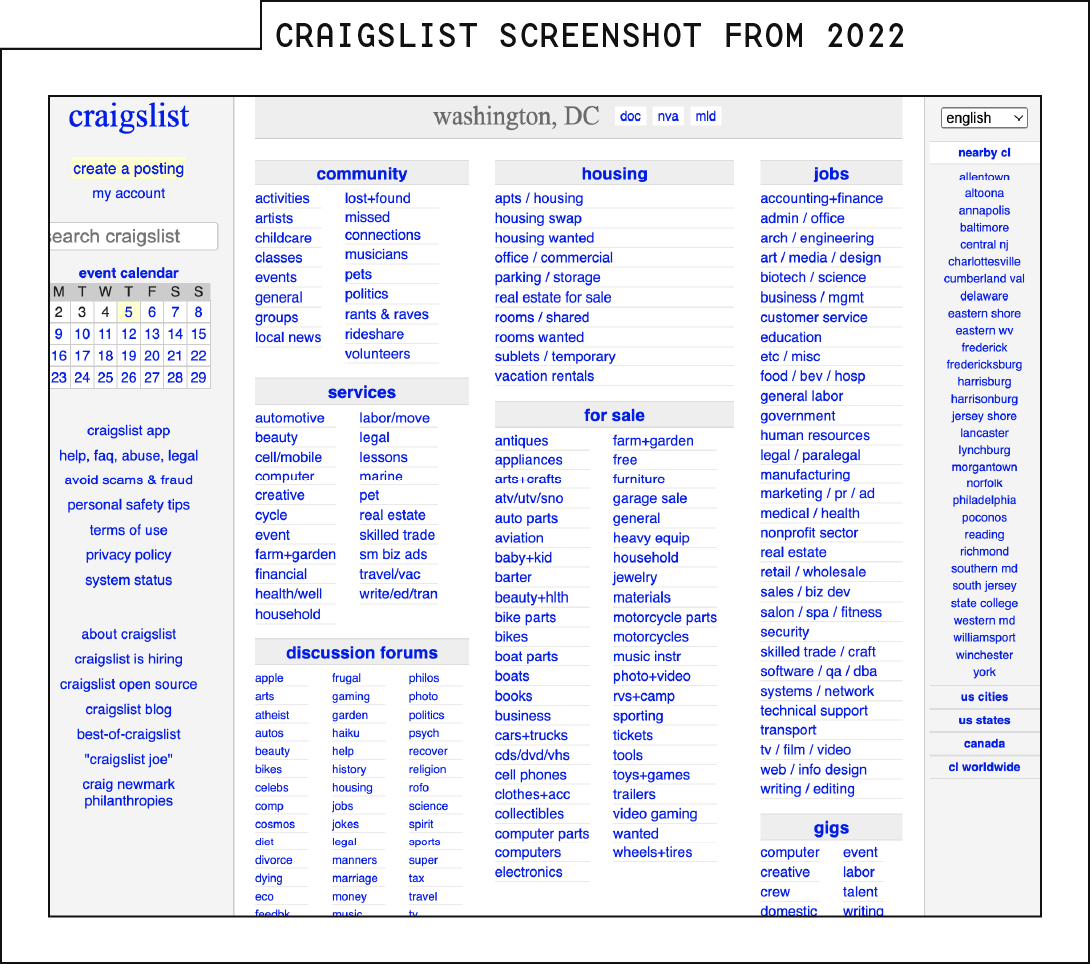 Screenshot of Craigslist, a holdout from the lots-of-text-crammed-into-four-columns era of web design.
