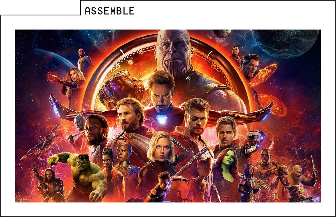 Publicity still from Avengers: Infinity War showing the full cast in costume but without masks