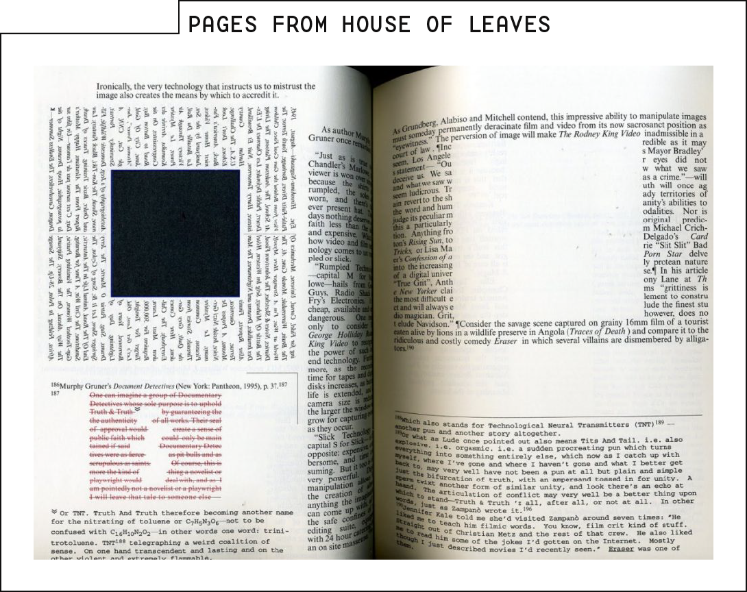 Photo of a two-page spread from House of Leaves. The text is printed in multiple directions, with different column sizes and colors, large blank spaces, and blocks laid over the center of text passages.