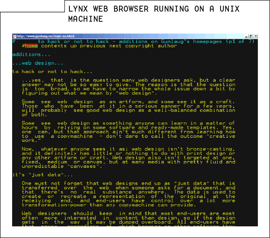 A web page viewed through Lynx, a text-based web browser.