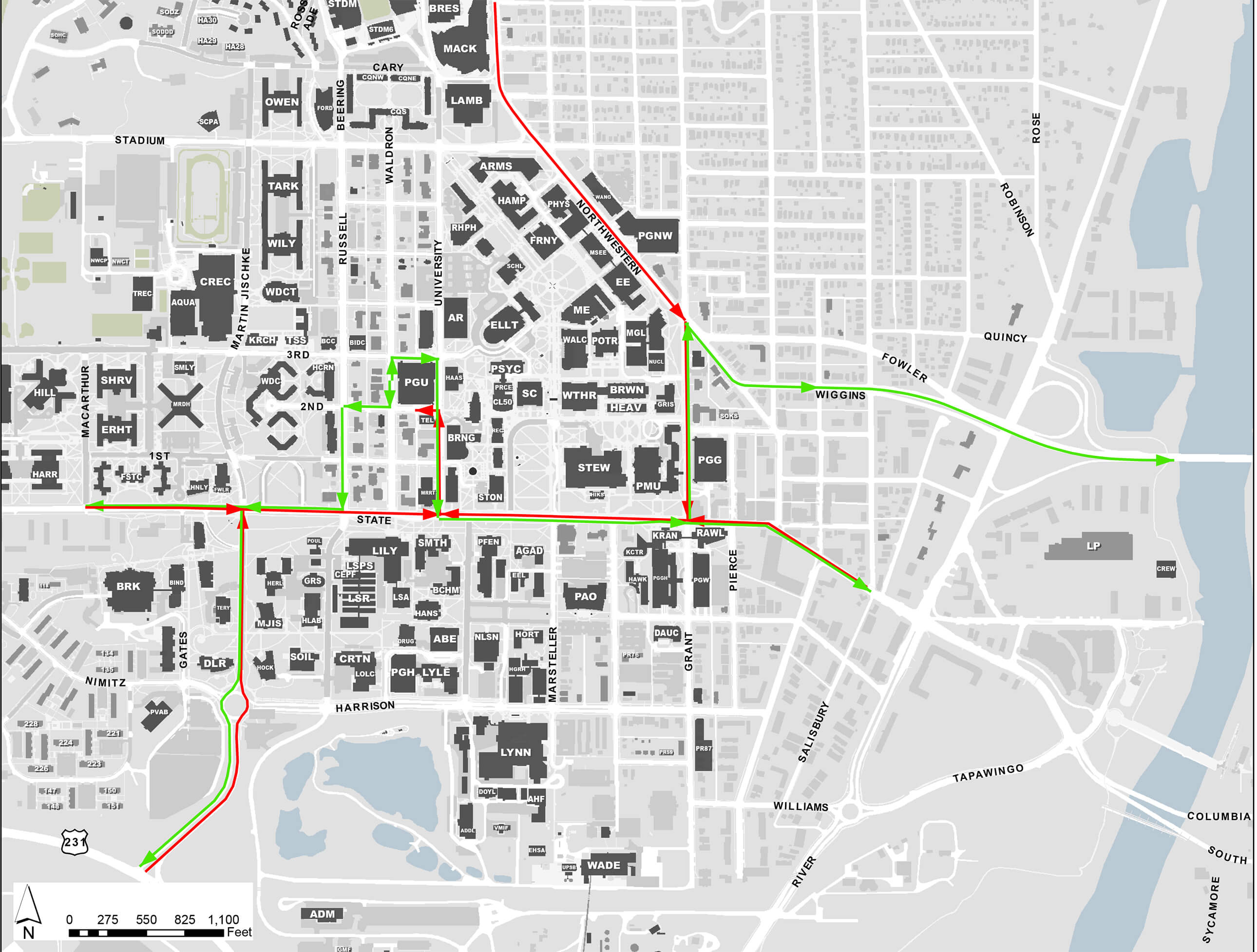 Map of Purdue - sites in black are university buildings, but the streets and residences in the upper right corner and elsewhere are all non-officially related to the university