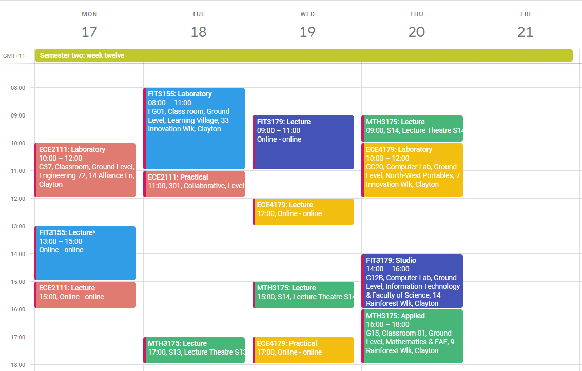 In contrast, my timetable at Monash last year