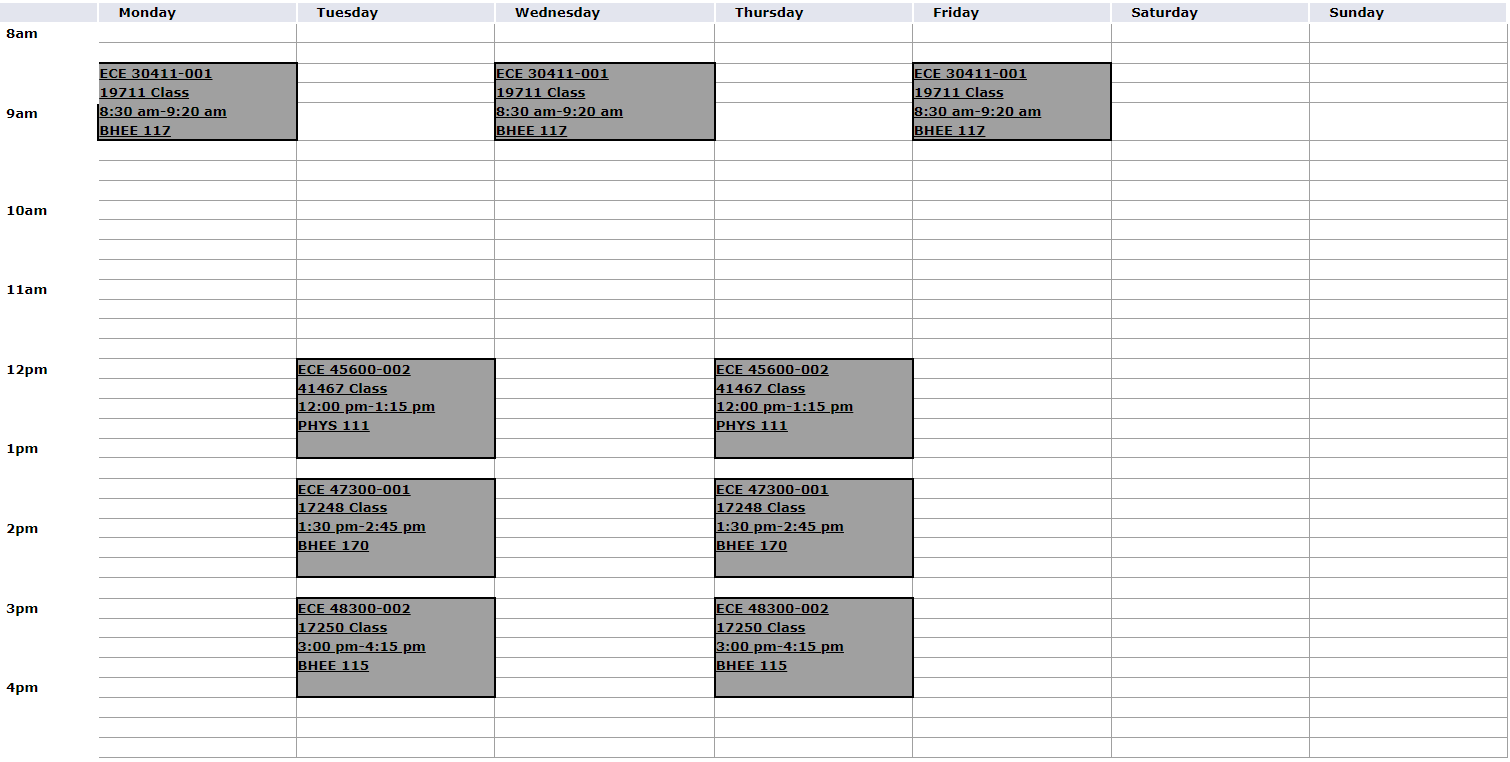 My weekly class load at Purdue