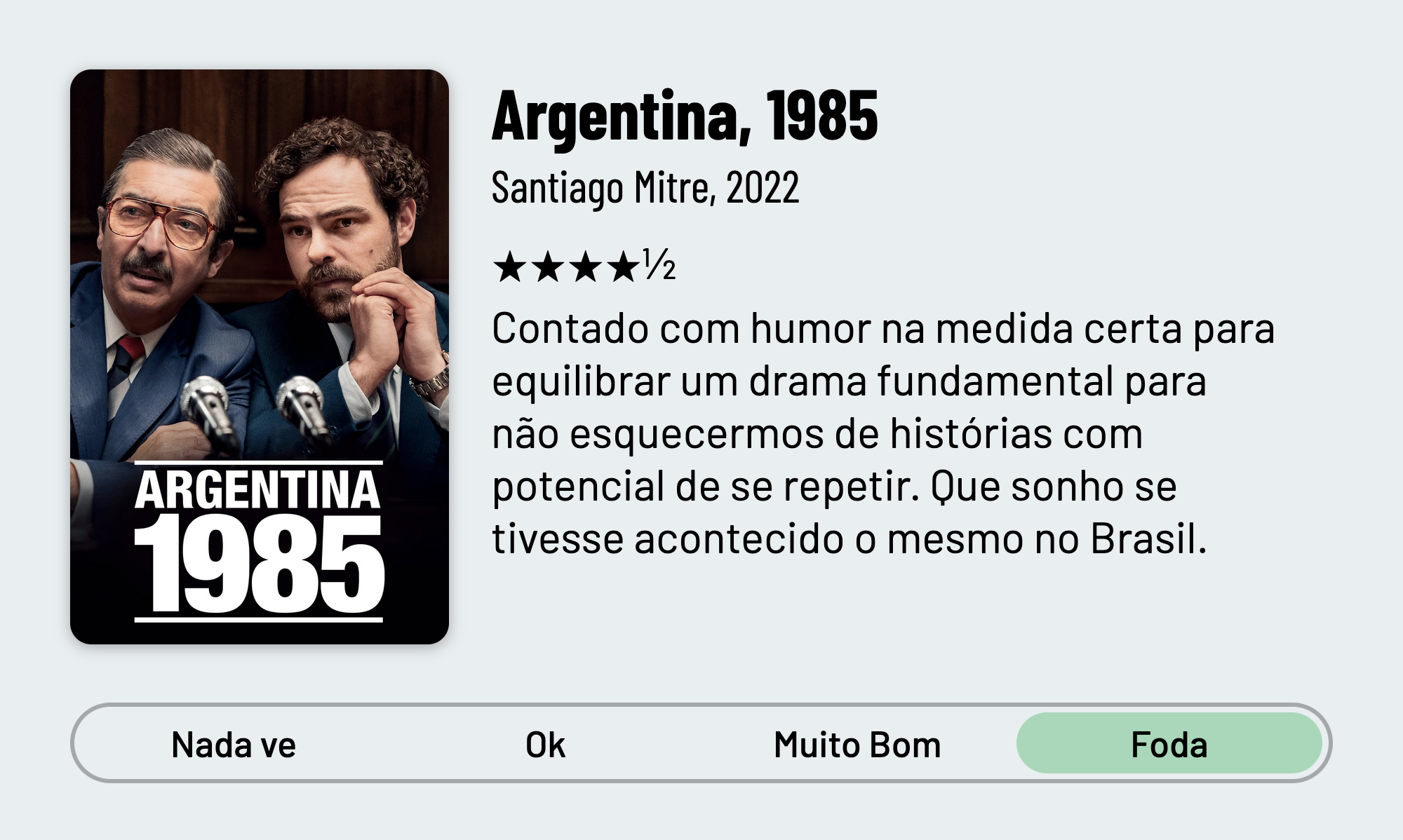 QuickReview do filme "Argentina, 1985" de Santiago Mitre com 4 estrelas e meia que diz: "Contado com humor na medida certa para equilibrar um drama fundamental para não esquecermos de histórias com potencial de se repetir. Que sonho se tivesse acontecido o mesmo no Brasil."