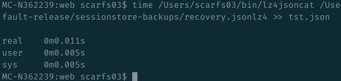 Screenshot showing that running the lz4jsoncat utility on my session backup took 0.011 seconds