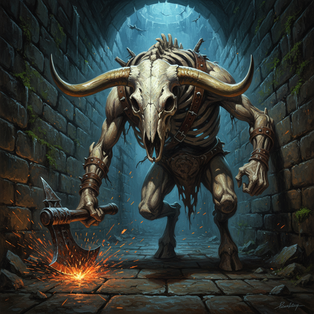 Minotaur Skeleton, original D&D 5e monster artwork by ZapGM