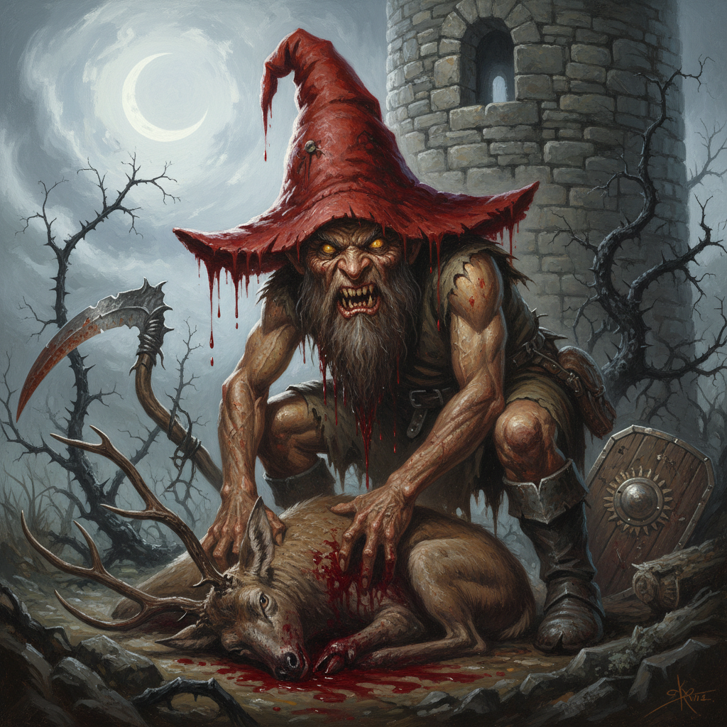 Redcap, original Pathfinder 2e monster artwork by ZapGM