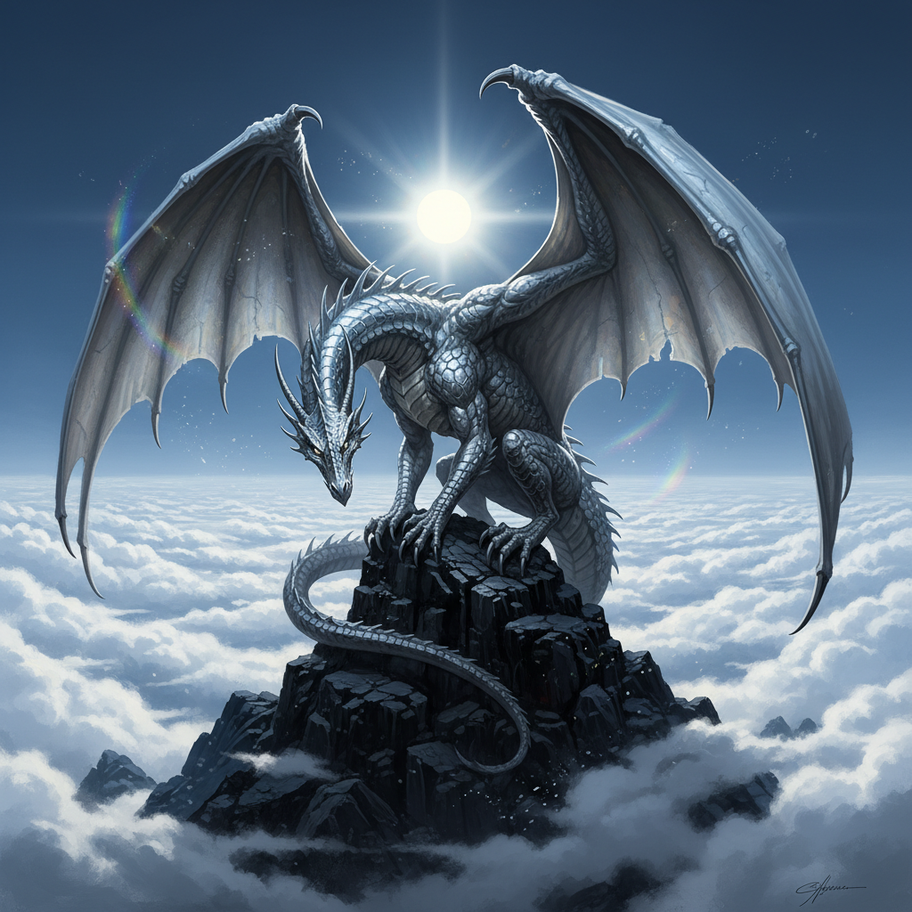 Ancient Silver Dragon, original Pathfinder 2e monster artwork by ZapGM