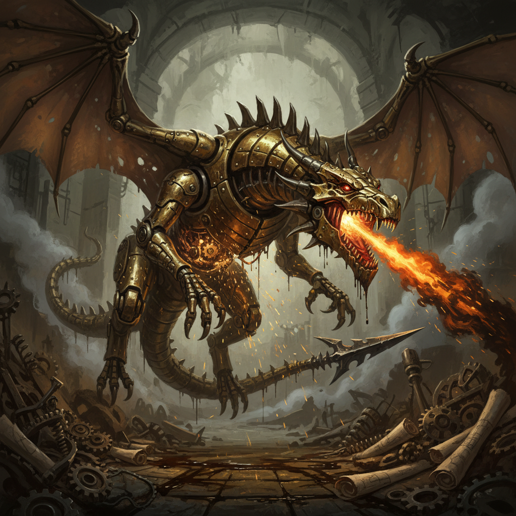 Clockwork Dragon, original Pathfinder 2e monster artwork by ZapGM