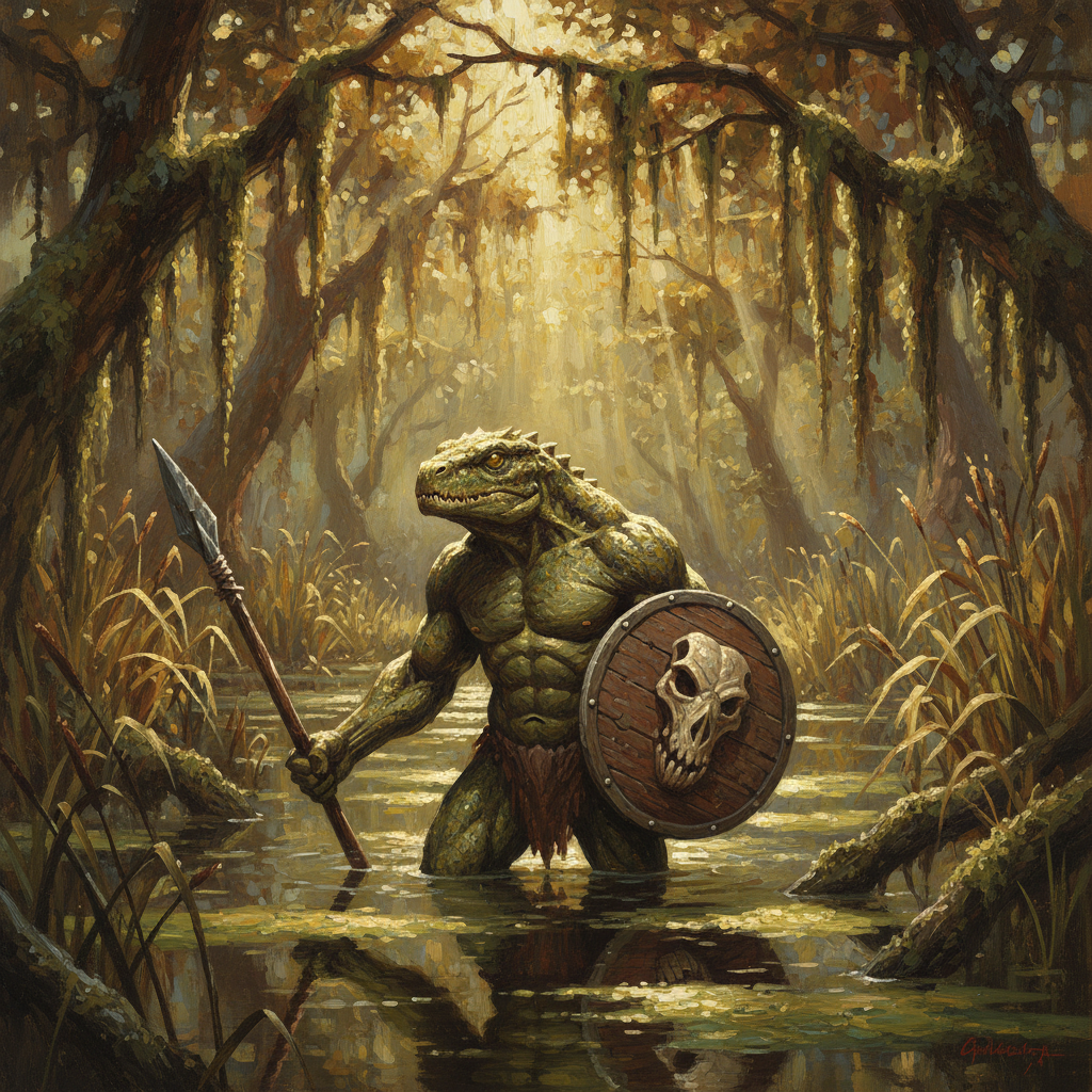 Lizardfolk Defender, original Pathfinder 2e monster artwork by ZapGM