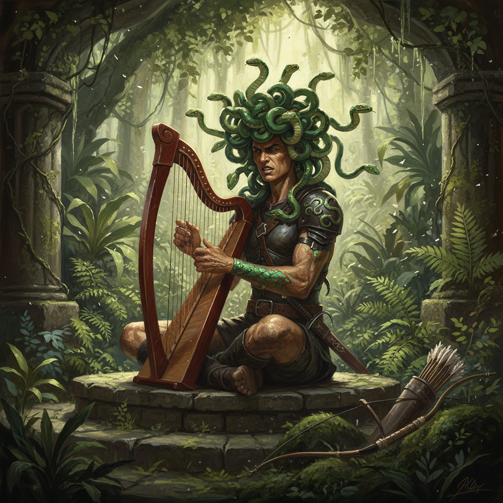 Stheno Harpist, original Pathfinder 2e monster artwork by ZapGM