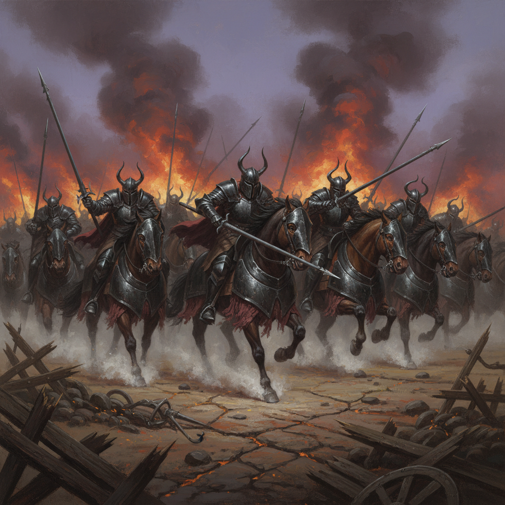 Hellknight Cavalry Brigade, original Pathfinder 2e monster artwork by ZapGM