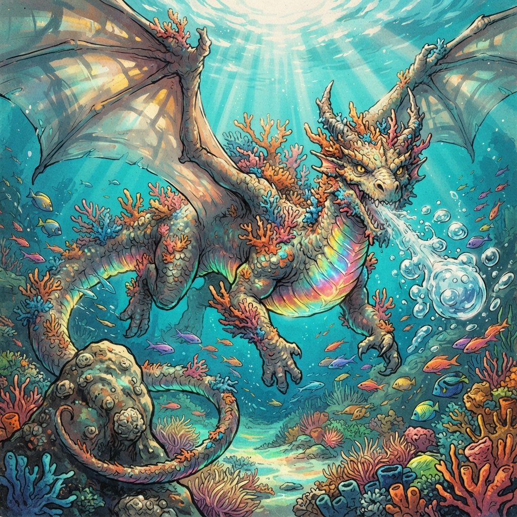 Coral Dragon (Ancient), original Pathfinder 2e monster artwork by ZapGM